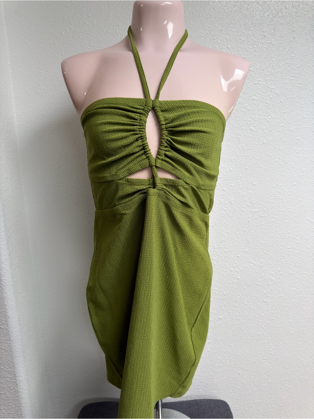 wild fable Olive Green Halter Mini Dress with Front Cutouts